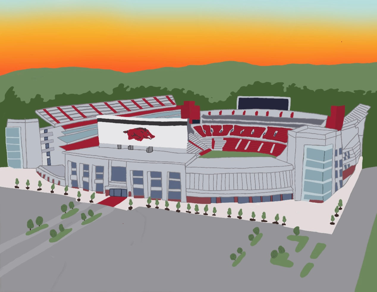 Sunset at Donald W. Reynolds Razorback Stadium